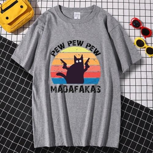 Pew Pew Madafakas Black Cat Print T Shirts Men Vintage Loose T-Shirts Summer Loose Half Sleeves Fashion Breathable Mens Clothes