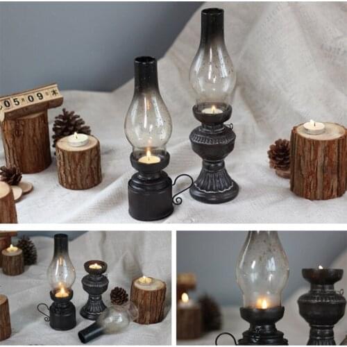 Resin Crafts Kerosene Lamp Candle Holder Glass Cover Lantern Creative Home Tabletop Decor Gifts Retro Nostalgic Candle Holder