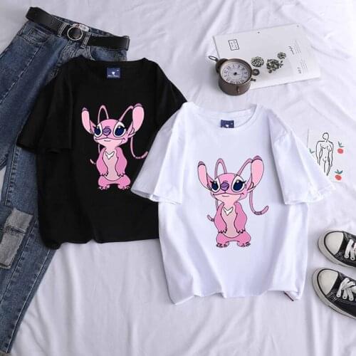 Summer New Candy-Colored Cotton T-shirt Cartoon Pink Stitch Printed Pattern All-match Cool round Neck Top