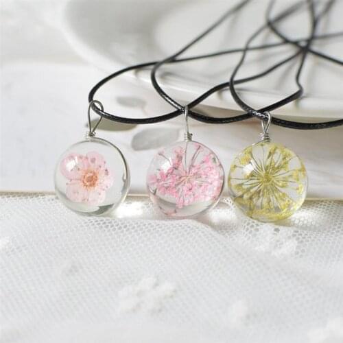 ANIWON Fashion Dried Flower Necklace Natural Glass Pendant Necklace Round Charm Necklace for Women Jewelry