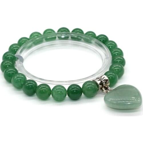 Trendy-beads Silver Plated Cute Heart Connect 8 mm Round Beads Elastic Bracelet Natural Green Aventurine Jewelry