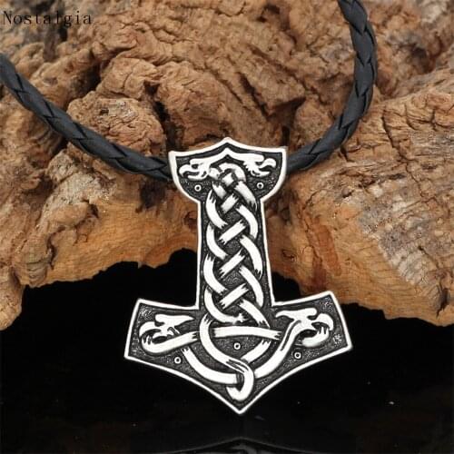Men Necklace Norse Viking Amulet Ravens Of Large Thor Hammer Mjolnir Odin face Amulet Pendant Necklace Leather chain