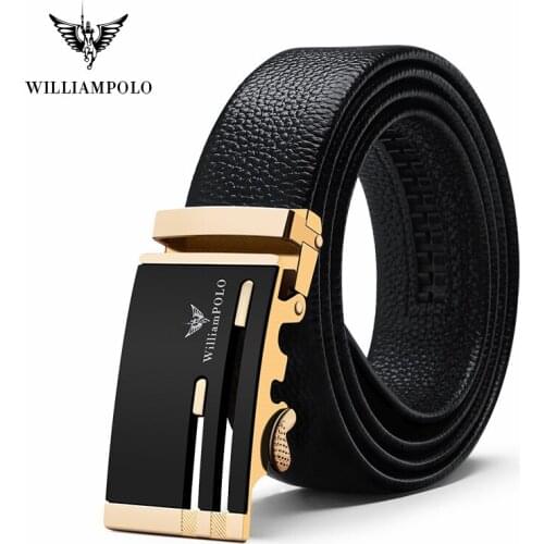 WilliamPolo Leather Mens belt Genuine Luxury Brand Designer Leather Strap Automatic Buckle Fashion Belt Gold PL18201