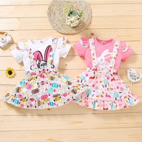 Girls clothes Easter 2021 summer fashion cute girls rabbit print letters flying sleeve T-shirt + strap skirt 2PCS girls suit