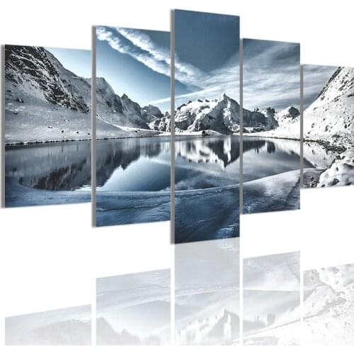 Lake Snowy Mountain Landscape Natural 5 Panels Canvas Painting Poster Wall Art Print Picture Living Room Home Decoration Frame