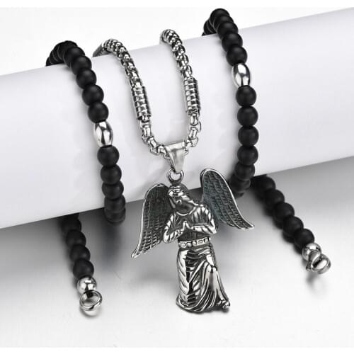 Christian Lucky Angel Stainless steel Pendant Necklace Black Stone Beads Necklaces for Men Women Christian Jewelry