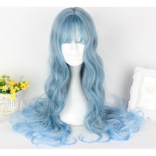 Lolita 65CM Long Mixed Grey Blue Curly Anime Party Synthetic Celebrity Cosplay Wig+Wig Cap Heat Resistant H75635B