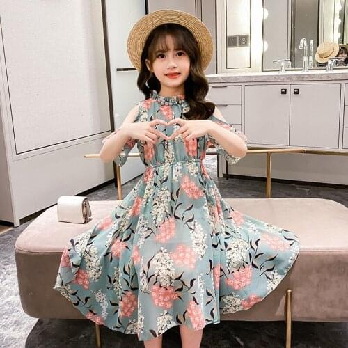 Girl Dresses Summer Kids Off Shoulder Chiffon Dress Fashion Floral Children Clothing Baby Girls Party Dress