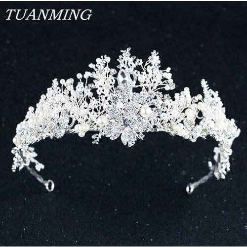 Silver Color Crystal Rhinestone Bride Tiara And Crown Women Pageant Party Pearl Headwear Crown Wedding Hair Accessories