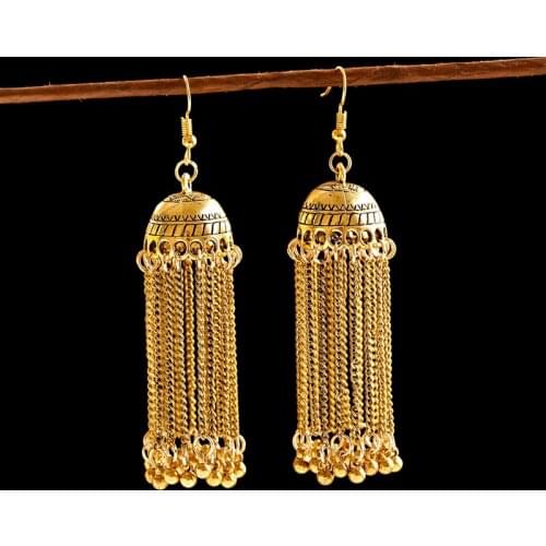 Vintage Women Gold Gypsy Indian Earrings Boho Jewelry Ladies Retro Round Bell Long Tassel Jhumka Earrings Oorbellen