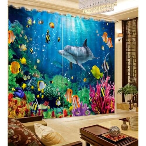 Beach window curtains Dolphin Coral Fish Turtle Tropical Fish curtain styles for bedrooms Beautiful Photo