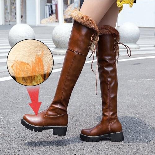 Plus Size 34-43 Fashion Women Over The Knee Boots Wedges High Heel Punk Long Boots Rabbit Fur Mid Heel Shoes Winter Snow Boots