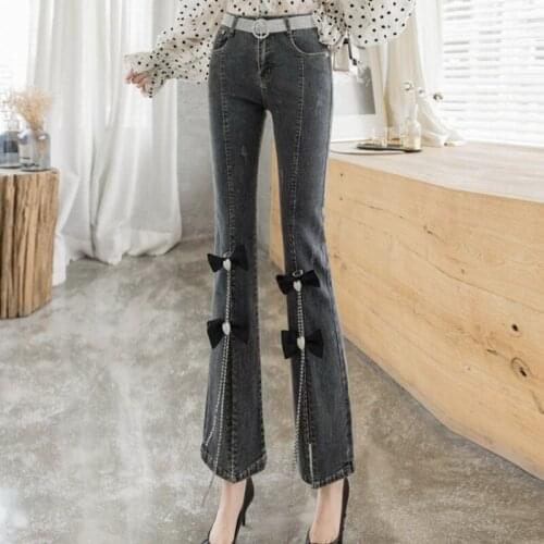 Flared Denim Pants Women 2021 Autumn New Fashion High Waist Trumpet Pants Korean Slim Stretch Diamond Chain Split Bowknot Jeans