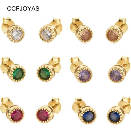 CCFJOYAS European and American Multicolor Mini Round Zircon Stud Earring 925 Sterling Silver Earrings for Women Piercing Jewelry