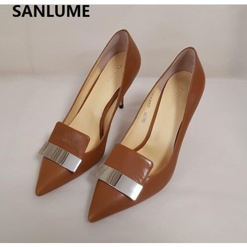 SANLUME Top Quality Women 100% Genuine leather High heels Brown Metal Decoration thin heels Sexy shoes inside sheepskin leather