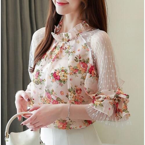 Women Spring Summer Style Chiffon Blouses Shirts Lady Casual Short Flare Sleeve O-Neck Flower Printed Blusas Tops DD8939
