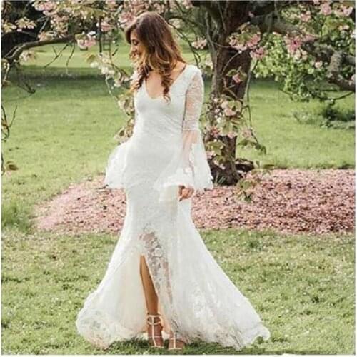 Boho Country Wedding Dresses mermaid V Neck Lace Bridal Gowns With Juliet Long Sleeve Split Sweep Train Wedding Gowns
