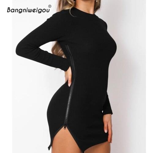 Bangniweigou Sexy Side Zip Up Bodycon Mini Dress O Neck Long Sleeve Fall Winter Women Solid Elastic Short Dresses for Party