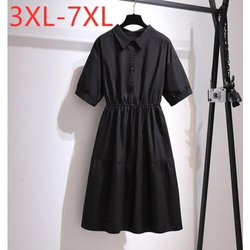 New 2021 Ladies Summer Plus Size Midi Shirt Dress For Women Large Short Sleeve Slim Black Retro Button Dress 3XL 4XL 5XL 6XL 7XL