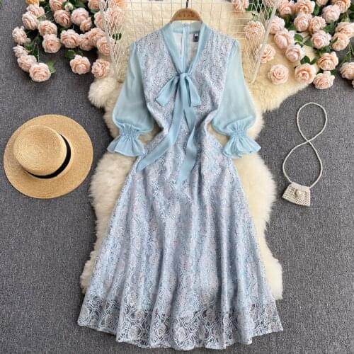 Elegant Sweet Bow Tie Collar Chiffon Flare Sleeve Embroidered Sequined Hollow Out Lace Dress Women Mid-Length Summer Vestidos