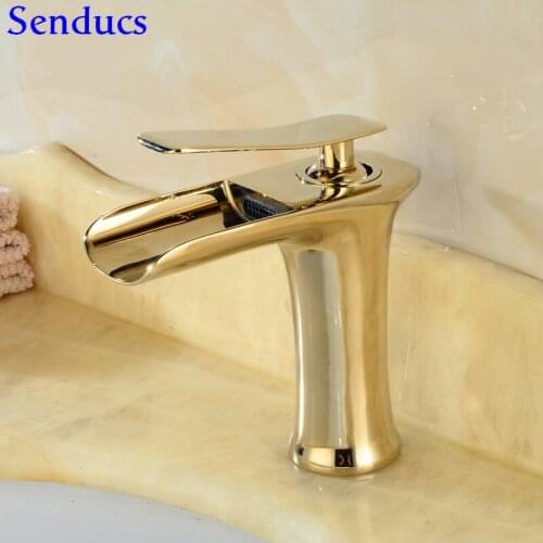 Senducs Gold Bathroom Waterfall Mixer Tap Single Handle Single Hole Bathroom Basin Faucet Quality Brass Bathtub Waterfall Faucet
