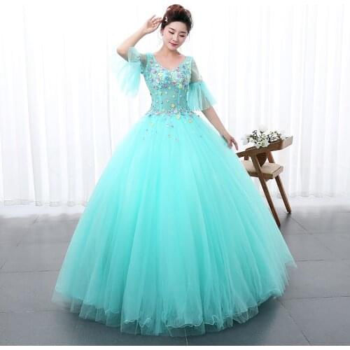 100%real luxury light blue flower embroidery beading princess ball gown medieval dress/victoria belle ball