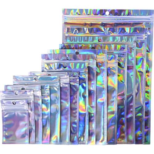 100pcs Flat Zip Lock Bath Salt Cosmetic Bag One Side Clear Holographic Laser Mini Aluminum Foil Zip Lock Bags Thick Package Bags