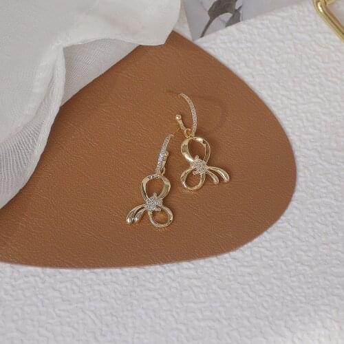 14k Real Gold Fashion Jewelry Crystal Bowknot Shiny Exquisite Stud Earrings for Woman Holiday Party Elegant Cute Earring