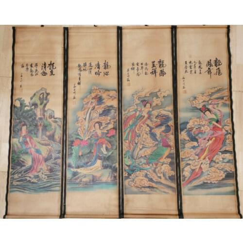 Antique 4PCS Old Chinese collection beauty and Dragon" Painting & Scroll
