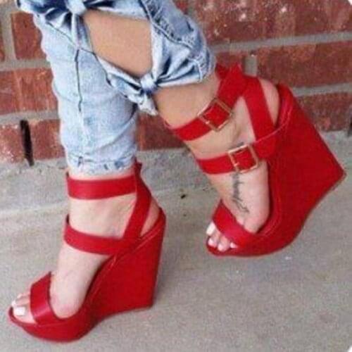Fashion Buckle Strap Wedge Sandals Open Toe High Platform Dress Shoes Cut-out Ankle Strap Wedge Shoes Red White Big Size 10