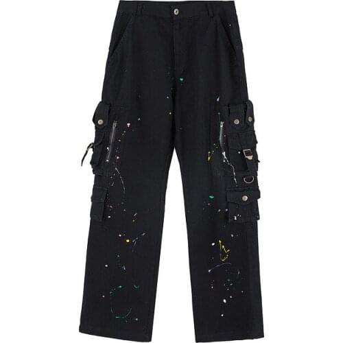 European and American dark high street splash ink multi-pocket casual trousers mens trendy brand loose hip-hop stitching overal