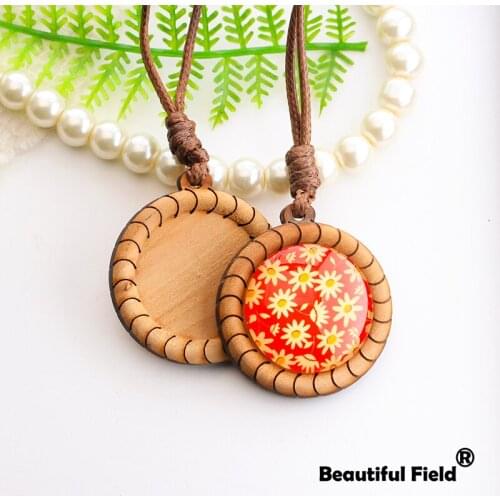 3pcs/lot Fit 25mm Round Cabochon Setting Cameo Base Blank Tray Wood With Rope Curved Line