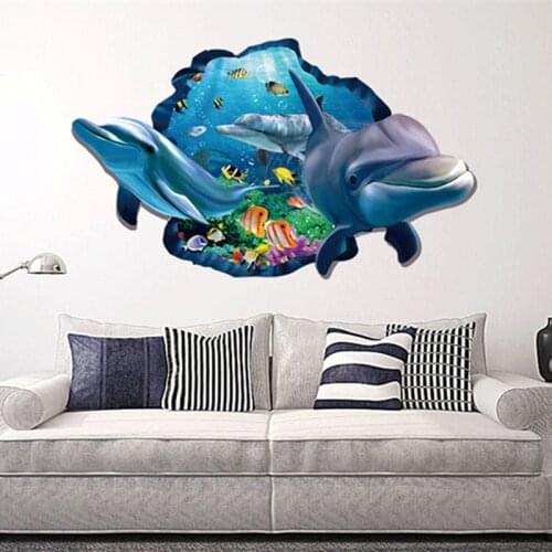 DIY Dolphin Wall Stickers 3D Look Underwater World Fish Wall Decals Baby Nursery Kids Bedroom Bathroom Decoration Wall Sticker
