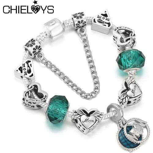 European Style Silver Plated MOM Pendant Charm Bracelet DIY Crystal Glass Beads Brand Bracelets For Women Mother Jewelry Gift
