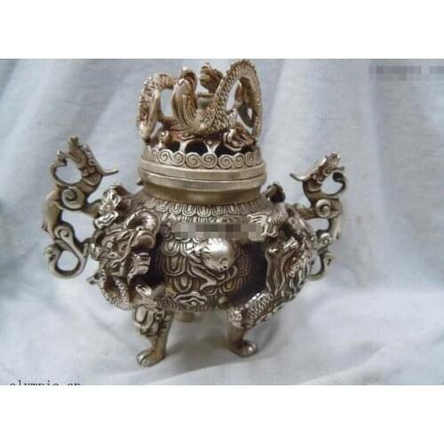 China silver carved finely Buddhism nine dragon incense burner Sculpture statue