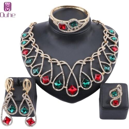 African Beads Jewelry set Women Gold Color Gem Glass Crystal Wedding Party Necklace Bangle Earring Ring Fine Jewelry Set