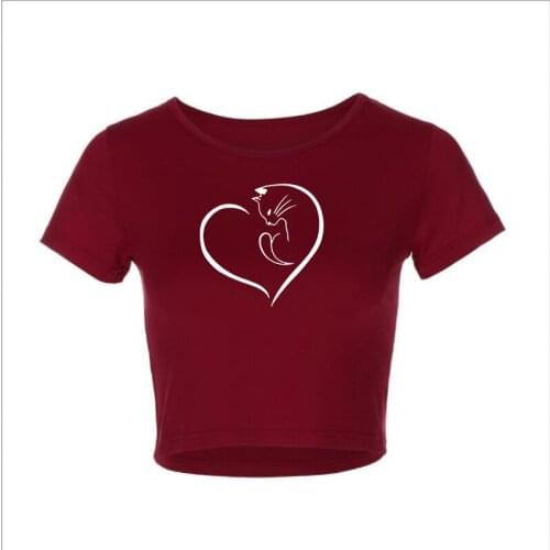 New Ladies Print Cat Crop Top Slim Short Sleeves Casual Appliques Daily Tee