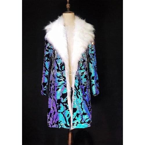 New Men Blue Sequins Luxury Long Jacket DS DJ Singer Dancer Show Bar Vintage Costume Nightclub Party Coat Outfit