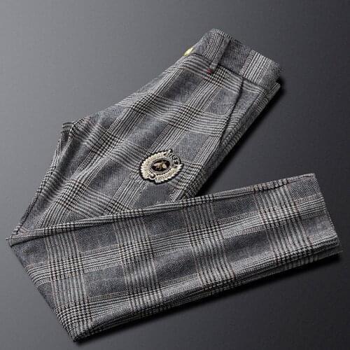 2021 autumn new pants mens sanded casual pants Slim feet straight gray plaid trousers handsome and versatile