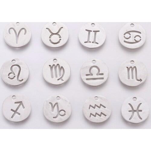 PandaHall 1Set 12x1mm 304 Stainless Steel Charms Tag Pendant Flat Round with Constellation Zodiac Sign for Jewelry Making DIY
