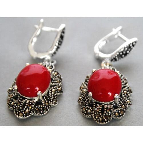 Free Shipping amazing 11/2" Vintage 925 Silver & Marcasite Red Coral Earrings