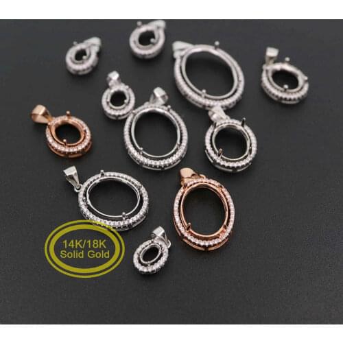 Solid 14K 18K Rose Gold Prong Oval Bezel Settings with Accents Stone for Gemstone Moissanite Diamond DIY Pendant Charm 1421114