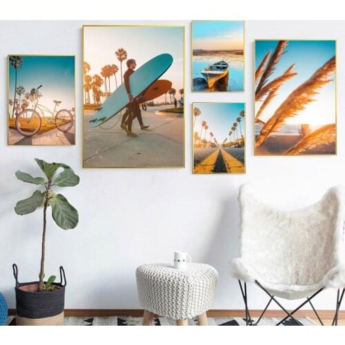 Sun Beach Coconut Tree Ship Landscape Wall Art Canvas Painting Nordic Posters And Prints Wall Pictures For Living Room Decor