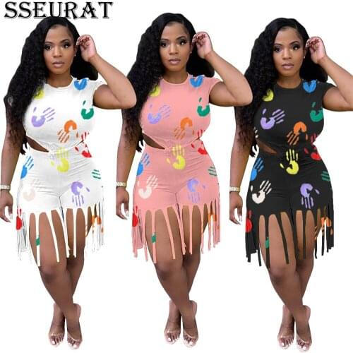 SSEURAT Women Set Print Short Sleeve Tops Tassel Stretchy Shorts Two 2 Piece Sets Active Tracksuit Sweatsuit Outfits