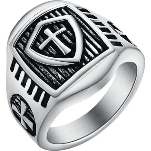 Valily Retro Domineering Shield Knight Cross Ring Gold Men Stainless Steel Fashion Cool Biker Ring Jewelry For Man Factory Price