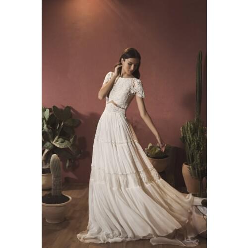 Vintage Bohemian Backless Wedding Dresses 2020 Short Sleeve Lace Appliqued Boho Chiffon Bridal Gowns A Line Wedding Dress