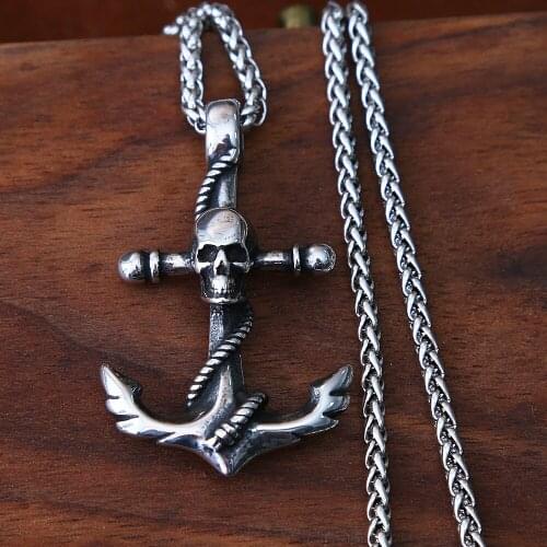 Vintage Stainless Steel Viking Anchor Necklace For Men Chain Punk Hip Hop Anchor Skull Pendant Necklace Fashion Jewelry Chain