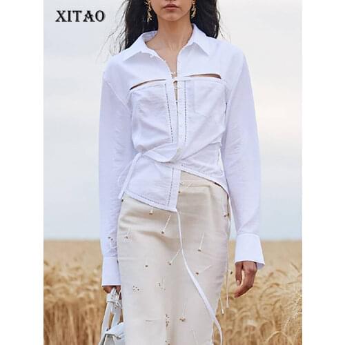 XITAO New Solid Color Shirt Casual Hollow Out Bandage Temperament Women Spring Autumn Fashion Simplicity All-match DZL2662