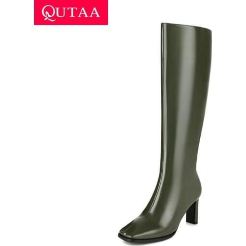 QUTAA 2021 Square High Heel Knee High Boots Winter Square Toe All Match Long Boots PU Leather Zipper Women Shoes Big Size 34-43
