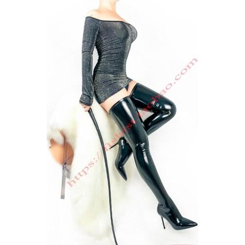 Womens Sexy Latex Ammonia Long Boots Female Black Shiny Metallic Shoes High Quality Lady Nightclub Party Pole Dancing Tight Shoe